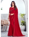 Brilliant Red Chiffon Designer Saree