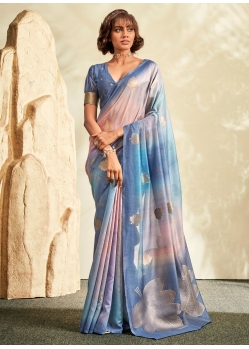 Print Work Khadi Silk Classic Saree In Blue