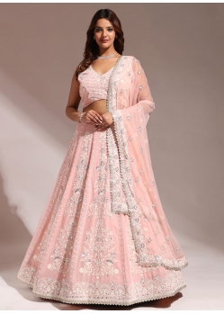 Pink Georgette Embroidered, Sequins And Thread Work Readymade Lehenga Choli For Women