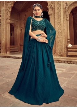 Teal Faux Georgette A - Line Lehenga Choli With Dimond, Hand And Mirror Work