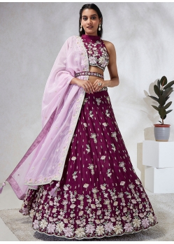 Embroidered Sequins And Thread Work Georgette A - Line Lehenga Choli In Burgundy