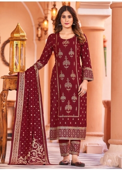Maroon Rayon Salwar Suit With Foil Print Work For Ceremonial