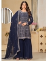 Blue Faux Georgette Salwar Suit With Embroidered Work For Engagement