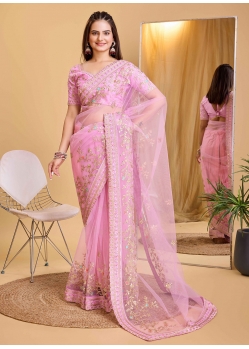 Pink Embroidered Work Silk Trendy Saree