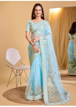 Aqua Blue Silk Embroidered Work Classic Sari