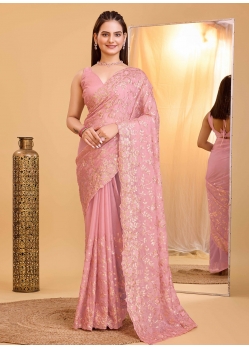 Pink Organza Classic Sari With Sequins Work