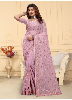 Pink Georgette Embroidered And Resham Work Contemporary Saree For Ceremonial