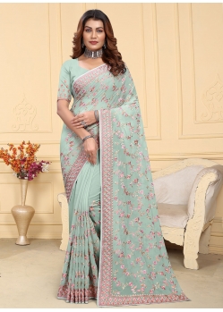 Sea Green Georgette Trendy Saree With Embroidered And Resham Work