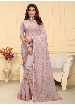Lavender Embroidered And Resham Work Georgette Classic Saree