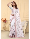 White Georgette Embroidered And Resham Work Contemporary Sari For Ceremonial