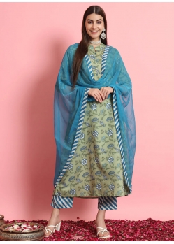 Print Work Rayon Salwar Suit In Green For Casual