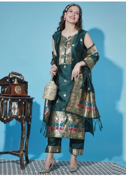 Green Cotton Silk Salwar Suit With Jacquard Work