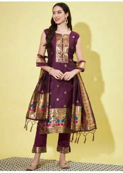 Wine Jacquard Work Cotton Silk Salwar Suit