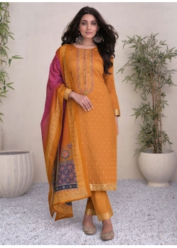 Mustard Satin Salwar Suit With Digital Print And Embroidered Work