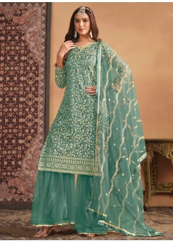 Sea Green Net Embroidered And Sequins Work Trendy Suit