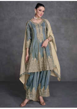 Blue Organza Salwar Suit With Embroidered Work