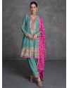 Aqua Blue Organza Salwar Suit With Embroidered Work