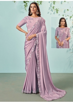 Lavender Cord Embroidered And Sequins Work Crepe Silk Classic Saree