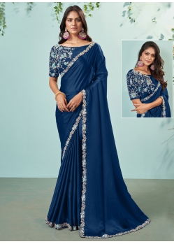 Cord Embroidered And Sequins Work Crepe Silk Contemporary Sari In Blue For Engagement