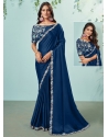Cord Embroidered And Sequins Work Crepe Silk Contemporary Sari In Blue For Engagement