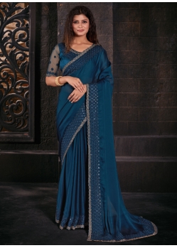 Teal Chiffon Satin Patch Border Embroidered And Sequins Work Trendy Saree For Women