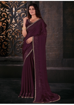 Wine Chiffon Satin Patch Border Embroidered And Sequins Work Contemporary Sari
