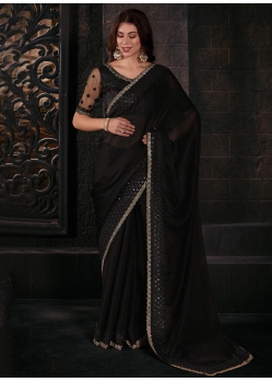 Black Chiffon Satin Classic Saree With Patch Border Embroidered And Sequins Work For Women