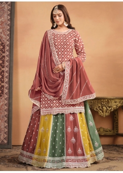 Rust Chinon Lehenga Choli With Embroidered Work For Ceremonial