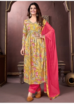 Mustard Rayon Print Work Salwar Suit