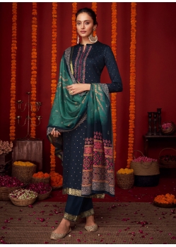 Blue Viscose Embroidered Work Pant Style Suit For Ceremonial