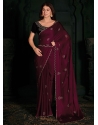 Wine Georgette Satin Cut And Zircon Work Classic Saree