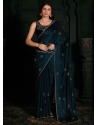 Cut And Zircon Work Georgette Satin Contemporary Saree In Teal