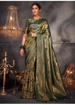Dashing Green Kanjivaram Silk Classic Sari With Woven Work