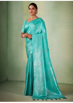 Aqua Blue Kanjivaram Silk Contemporary Sari With Woven Work