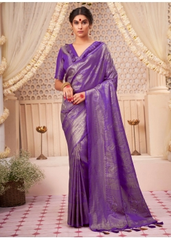 Purple Kanjivaram Silk Contemporary Sari With Woven Work For Ceremonial