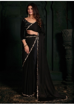 Black Chiffon Satin Classic Sari With Velvet Patch And Zircon Work