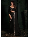 Black Chiffon Satin Classic Sari With Velvet Patch And Zircon Work