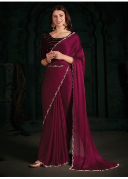 Rani Chiffon Satin Velvet Patch And Zircon Work Designer Sari For Ceremonial