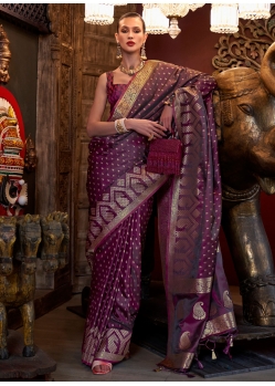 Weaving Work Satin Silk Contemporary Saree In Wine