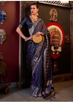 Blue Satin Silk Weaving Work Classic Sari