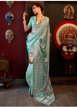 Mesmerizing Aqua Blue Satin Silk Contemporary Sari With Weaving Work