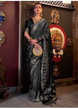Black Satin Silk Trendy Saree With Weaving Work For Ceremonial