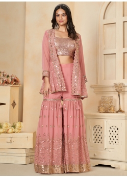 Pink Faux Georgette Salwar Suit With Cord Thread And Zari Work
