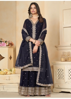 Cord Embroidered And Sequins Work Faux Georgette Salwar Suit In Blue