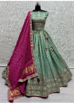 Green Silk Mirror Thread And Zari Work Lehenga Choli For Engagement