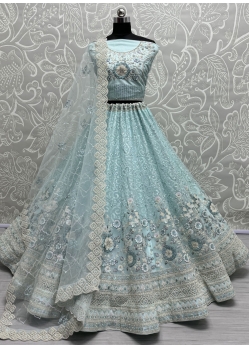 Blue Diamond Embroidered Sequins And Thread Work Net A - Line Lehenga Choli