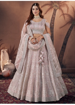 Pink Net A - Line Lehenga Choli With Embroidered And Sequins Work