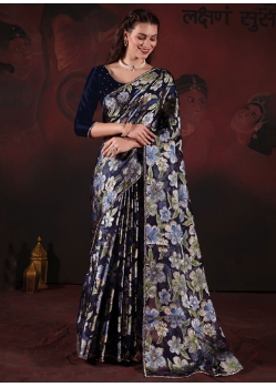 Blue Brasso Diamond And Floral Patch Work Classic Sari
