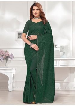 Green Georgette Classic Saree With Embroidered And Resham Work