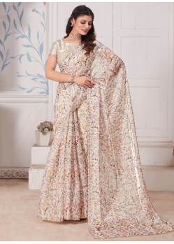 Off White Organza Classic Sari With Cut And Digital Print Work For Women
